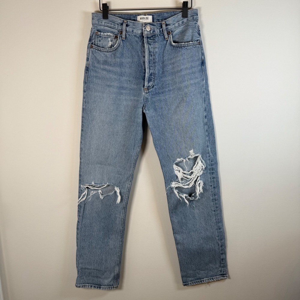 AGOLDE 90's Mid Rise Straight Leg Denim Jeans 28 Blue Distressed Organic Cotton